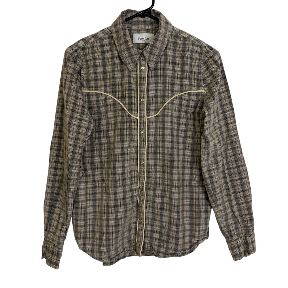 Berenice Paris Western Shirt Womens Plaid Long Sleeve Pearl Snap Cowgirl Cotton